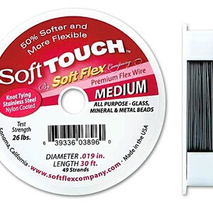 May include: A spool of Soft Touch Soft Flex Medium Premium Flex Wire, 50% softer and more flexible, knot tying stainless steel nylon coated, test strength 26 lbs, diameter 0.019 inches, length 30 feet, 49 strands, made in the USA.