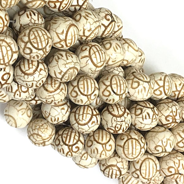 15mm Cream White Carved Magnesite Beads, Round Full 16" Strand Approx. 27 Beads, White Gemstone Beads - SMAG035