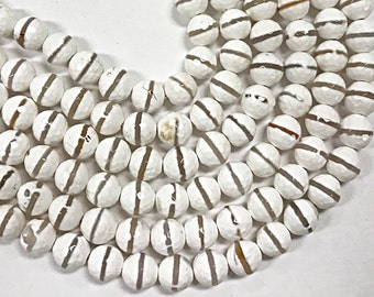 10mm Tibet Agate Hand Painted White Cream Grey Gemstone Beads Strand faceted Full 15" Strand 38 Beads - SAGT356