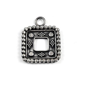 May include: A silver square pendant with a beaded border and a smaller square cutout in the center. The pendant has a decorative design with small circles and diamonds.
