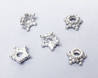 6pc Bali Silver Beads Antiqued, Bali Style Silver Beads, 8x4.5mm 2mm hole, 5 Point Star Bright White Bali Bead Caps - A414P