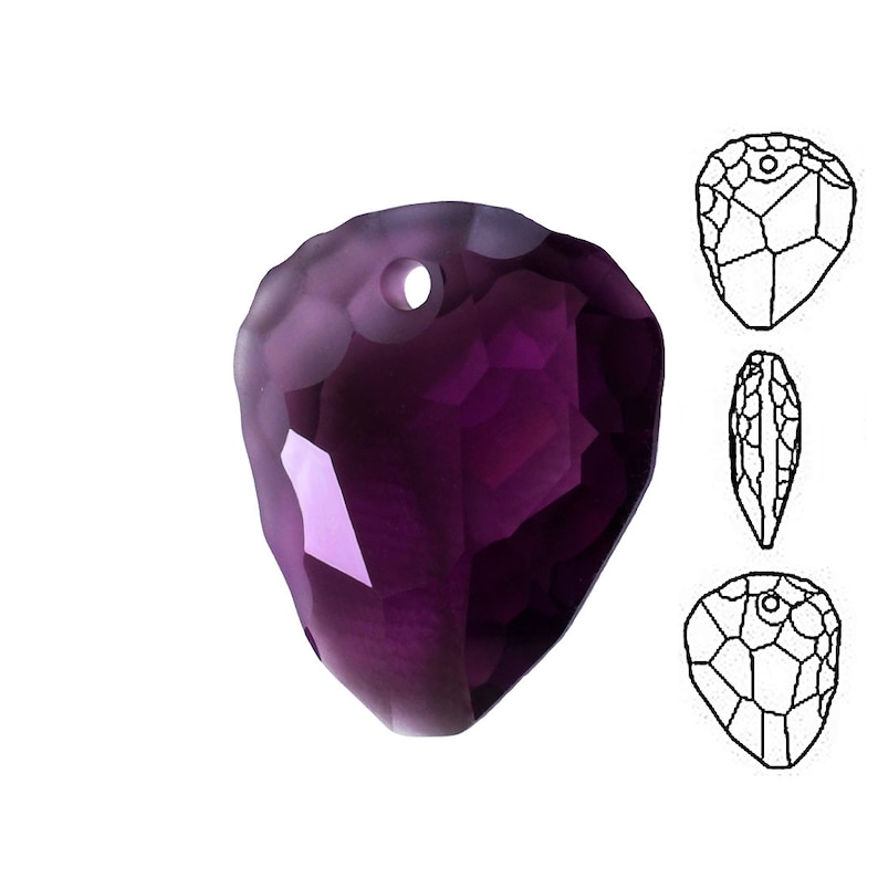 May include: A deep purple crystal teardrop pendant with a faceted design and a hole at the top for hanging. The pendant is shown against a white background.
