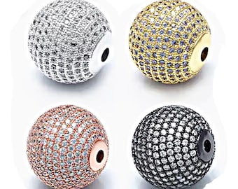 2 Pc CZ Micro Pave Round Beads, 6mm, 8mm, 10mm, 12mm - 1.5mm Hole, Gold, Rose Gold, Silver Rhodium, Black 3A Quality Wholesale