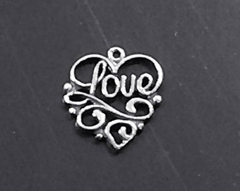 10 Pcs Individually Wrapped Heart Love Charm Sterling Silver, Valentine Charm Pendant, amor charm, Love charm, silver love charm - SP123