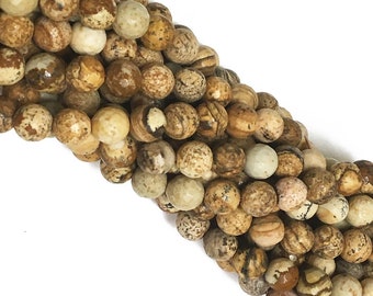 8mm Picture Jasper Faceted Round Gemstone Beads, 15 Inch Strand, 45 Beads, Cream Brown Gemstone Beads Tibet Boho - SJA118