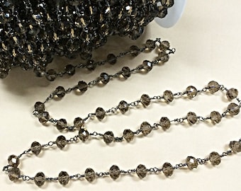 10 feet - 8mm Smokey Topaz wire wrapped chain by Foot, 8mm x 6mm crytsal Rondells, Gunmetal finish wire - CH221-10