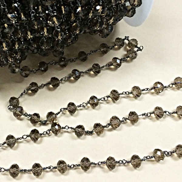 3 feet - 8mm Smokey Topaz wire wrapped chain by Foot, 8mm x 6mm crytsal Rondells, Gunmetal finish wire - CH221