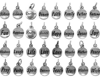 Sterling Silver Message Charms 11mm, Silver Message Charms, Sterling Silver Charms, Word Charms Disc Charms Engraved charms - SSMCxx