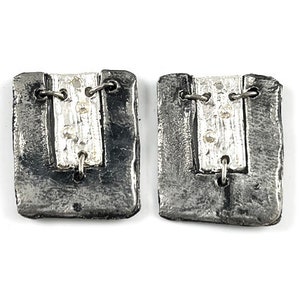 May include: Two square, silver-toned metal earrings. Each earring has a textured, dark gray border with a rectangular, lighter silver center. The center is connected to the border with small metal loops.