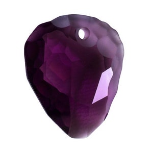 May include: A deep purple crystal teardrop pendant with a faceted design and a hole at the top for stringing.