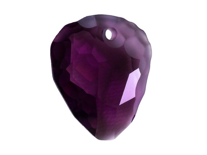 May include: A deep purple crystal teardrop pendant with a faceted design and a hole at the top for stringing.