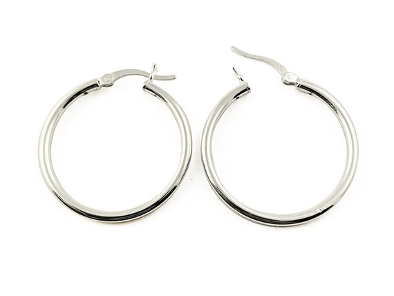 Hoop Earrings Medium 2mm x 28mm Round Tube Sterling Silver Hoop Earrings Medium 2mm x 28mm Round Tube Sterling Silver