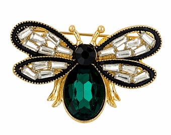 Vintage Rhinestone Gold Bee Pendant Pin Brooch Baguette crystal rhinestone and emerald cabochon  crystal
