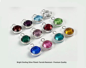 10 Sterling Silver Plated Tarnish Resistant Birthstone Charms Preciosa Crystal 6mm, Wholesale  - Choose ONE month color - CC6S-10