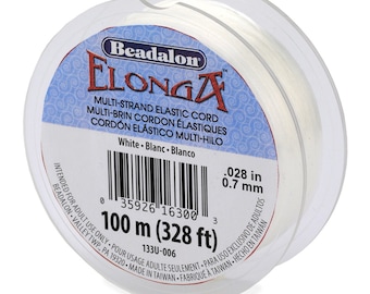 100m 328ft Beadalon Elonga Stretch Cord, White 0.028 Inch 0.7mm, Beadalon Multi Strand Elastic Cord, Beadalon Stringing Supplies - 133U-006