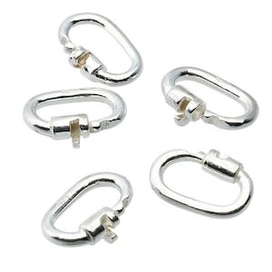May include: Five silver-colored oval carabiner clasps. Each clasp has a spring-loaded gate for secure closure. The clasps are made of a shiny, metallic material and are displayed against a white background.