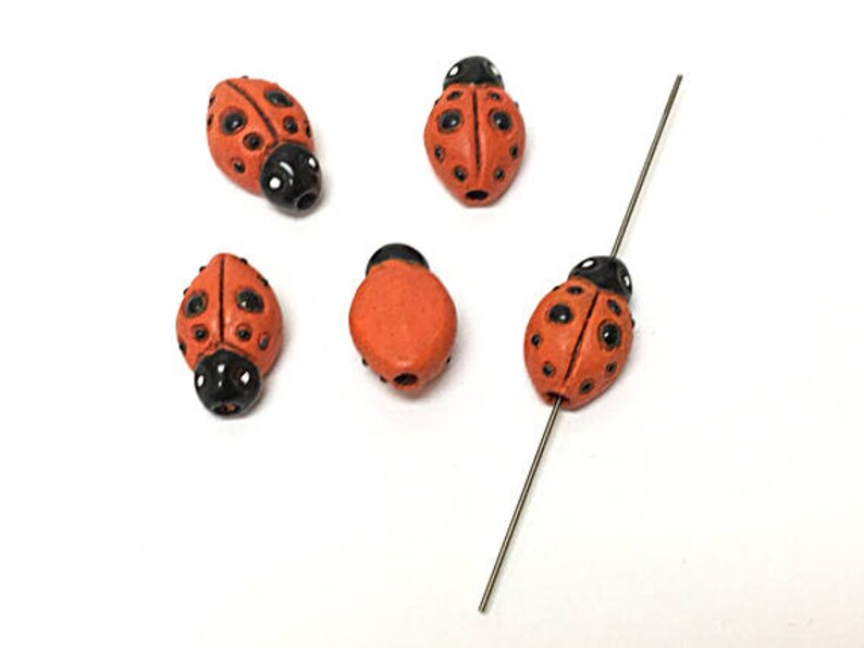 CBS Peruvian Beads 10 or 20 Orange Red Lady bug Beads 08 Ceramic Beads Insect Beads Lots of 4 Tiny Ladybug Orange Red Beads