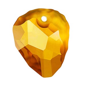 May include: A faceted, gold-colored crystal pendant with a hole at the top for hanging.