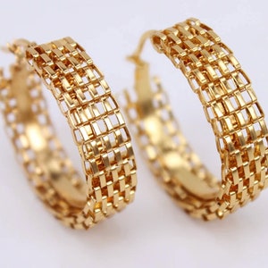 40mm Gold Hoop Mesh Extra Large Hoop Earrings Tarnish resistant gold plated over Steel 1 Pair  Gold Hoops Large 40mm x 8mm, Celebrity Style