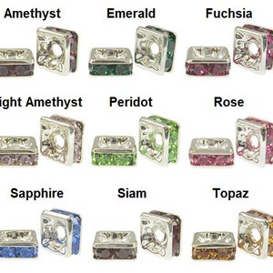 May include: Assortment of square-shaped crystal beads in various colors, including amethyst, emerald, fuchsia, light amethyst, peridot, rose, sapphire, siam, and topaz.