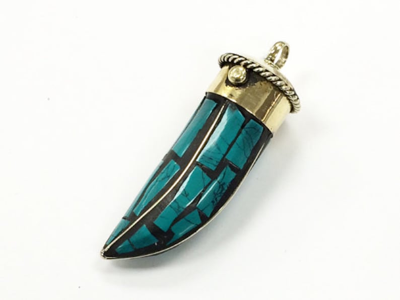 TP101-TQ Tibetan Horn Tusk tooth Pendant Turquoise Inlaid with brassgold cap