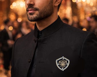 Shield Lapel Pin for Men  2.5" x 3" Sherwani Blazer Pocket Shield royalty Pin brooch, Beige and gold, Black Velvet backing, Gifts for him