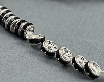 10 pcs JET Czech Crystal Rondelle Spacer Beads Silver Plated Finish, 4.5mm, 6mm, 8mm, Silver Plated Czech Crystal Rondelle Spacer Beads JET