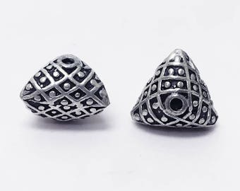 925 Sterling Silver 3pc Bali Silver Beads  HEAVY Antiqued, 10.5x13mm 1.5mm hole, Triangular Puffed Bali Beads - A427P