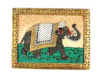SMALL WOODEN TRINKET BOX HINGED LID WITH BRASS ELEPHANT INLAY MADE IN INDIA NEW 