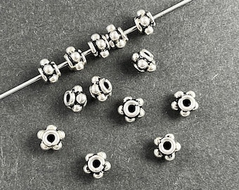 10 pcs pcs Bali Silver Beads Antiqued, Bali Style Silver Beads 5.75 x 4mm Bali Silver Granulated Spacer Beads, 1.25mm Hole size