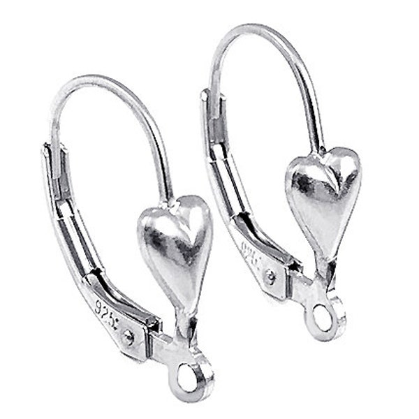 Heart Shape Lever Back Ear Wire 2 Pairs (4 Pcs) 17x10mm Sterling Silver Leverback Earring w/ Ring, Ear Components Anti Tarnish - SF298-5-2Pr