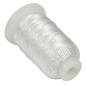 May include: A spool of white thread. The thread is tightly wound around a white plastic spool. The thread appears to be a smooth, shiny material, suitable for sewing or crafting projects. The spool has a cylindrical shape with a flared top and a hole in the center.