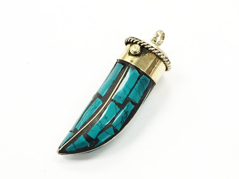 TP101-TQ Tibetan Horn Tusk tooth Pendant Turquoise Inlaid with brassgold cap