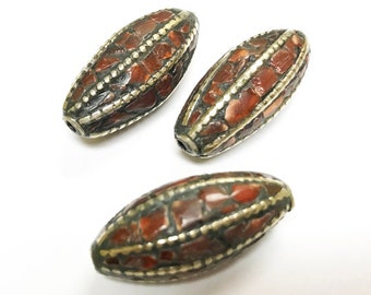 Nepal  Silver Brown Agate Inlay Bead 30mm x 14mm -1 Bead, Nepal Beads, Nepal beads, Nepal focal Beads, Tibet Focal Beads