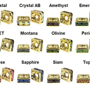 May include: Assortment of square-shaped crystal beads with gold settings. Each bead features a different color of crystal, including crystal AB, amethyst, emerald, jet, montana, olivine, peridot, rose, sapphire, siam, and topaz.