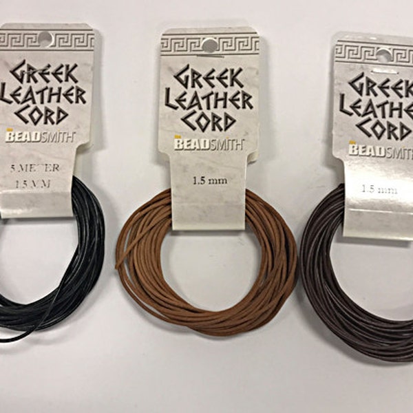 16 Feet, 1.5mm Greek Leather Cord, 5.47 yards, 5 Meter, choose color  Natural, Brown, Black, Genuine Greek leather cord, Beadsmith - GLC15xx