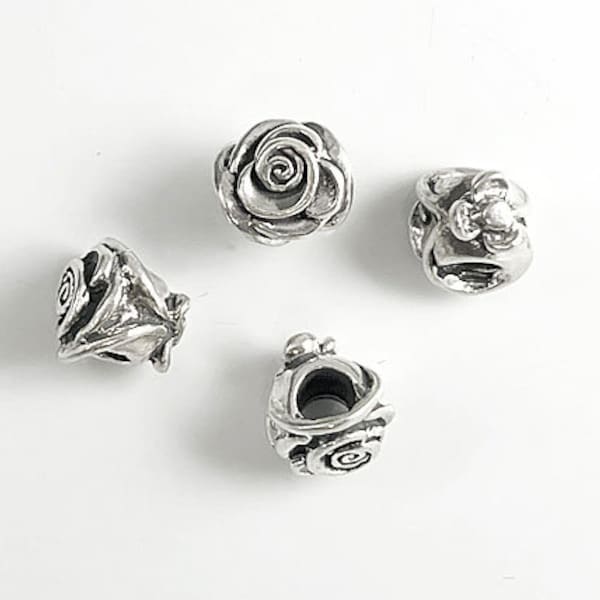 Sterling Silver Rose Large Hole Beads, 9.3 x 9.5 mm, 3.9 mm Hole, European Style Large Hole Beads, Bracelets Compatible - SBH145