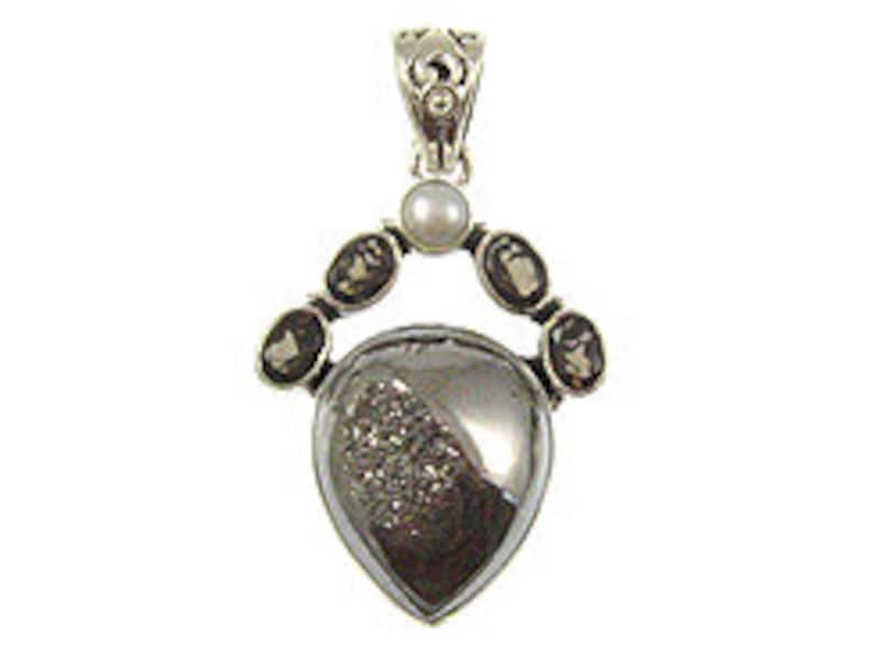 PSST2-02 1pc Sterling Silver Fancy Multi Stone Pendant 43mm Pear Shape Hematite Druzy Accented Pearl Smokey Quartz Faceted Stone Bezel