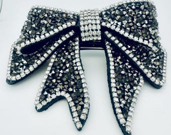 Diamond Bow Hair Barrette, Rhinestone encrusted Black, sparkly diamond crystal rhinestone barrette, Sparkly Hair Bow clip Gifts for Her