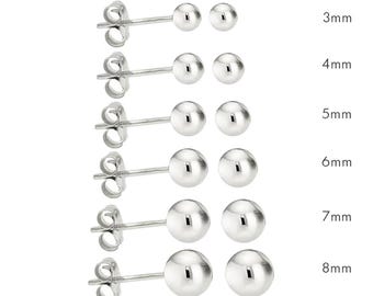 Sterling Silver Ball Stud Earrings 1 Pair, High Polish, Handmade Multiple Sizes 3mm - 8mm