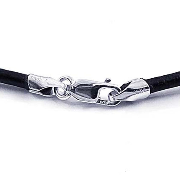 18-inch 1.5mm Round BLACK Leather Necklace With 925 Sterling Silver Lobster Clasp, 18-inch BLACK Leather Necklace, 1.5mm cord thickness