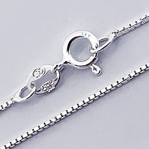 May include: A silver chain necklace with a lobster clasp closure. The chain is a box chain style.