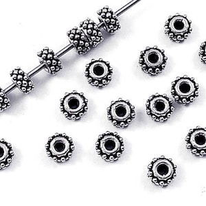 6pc Bali Silver Beads Antiqued, Bali Style Silver Beads, 3.5x6mm Turkish Granulated Spacer Beads, 1mm Hole size - VJ62