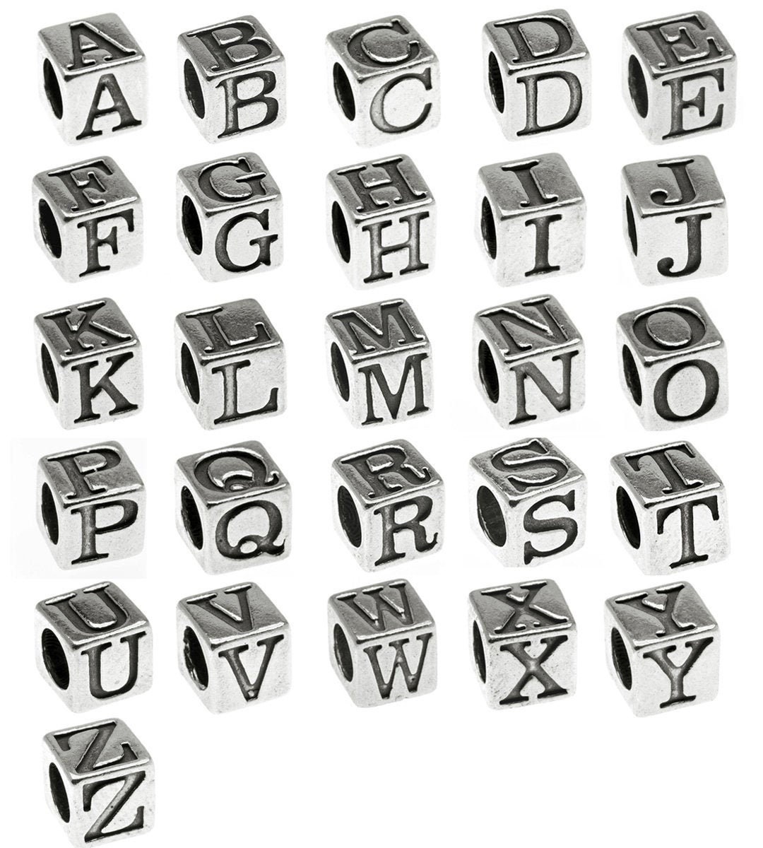 White and Silver Cube Alphabet Letter Beads, Silver Acrylic Letter