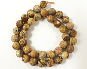 8mm Picture Jasper Faceted Round Gemstone Beads, 15" Strand, 46 Beads, Cream Brown Gemstone  Beads Tibet Boho - SJAS118