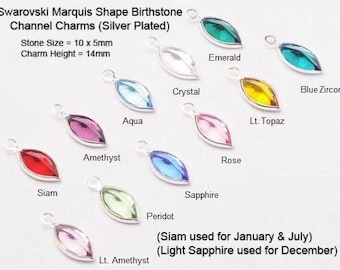 12 Pcs  Marquis Swarovski Birthstone Crystal Charms,  Sterling Silver Plated Bezel, 1 of each month, - CCMS-SET12