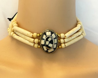 Handmade 3 Line Carved Camel Buffalo Bone Hairpipe Traditional Native inspired Bone Choker Necklace, Ceremonial Regalia, Pow Wow jewelry