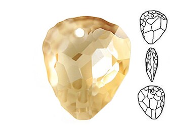 May include: A light amber crystal teardrop pendant with a faceted design and a hole at the top for hanging. The pendant is shown against a white background with a line drawing of the pendant's shape.