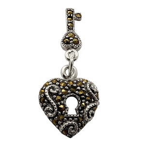 Vintage 925 Sterling Silver Marcasite Key to the Heart Pendant Charm, 32x15mm Silver Heart and Key Pendant with Sparkle Marcasite - SMP163