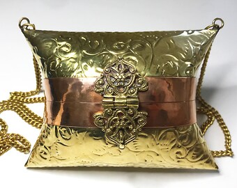 Vintage NEW Shiny Brass & Copper Metal Pillow Purse, Embossed Pillow Bag, Handmade Chain Link Strap Velvet Lining Art Deco Handbag Purse 5"